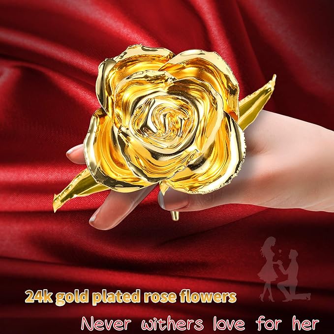 24K Golden Rose, Gold Dipped Rose Made from Real Rose Best Gifts for her and Great Gifts for My Wife, Golden with Stand