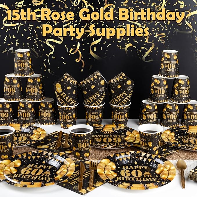 350PCS 60th Birthday Party Decorations for 50 Guests Black and Gold Party Supplies Include Disposable Paper Plates, Napkins, Cups, and Tableware