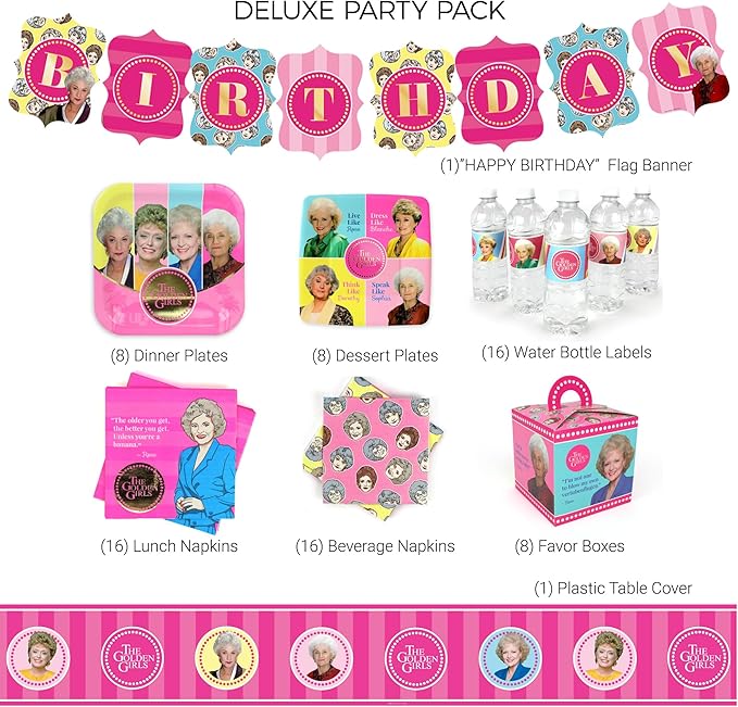 Golden Girls Birthday Party Decorations (Deluxe Pack for 16 Guests) Complete 66-Piece Set with Banner and Table Cover