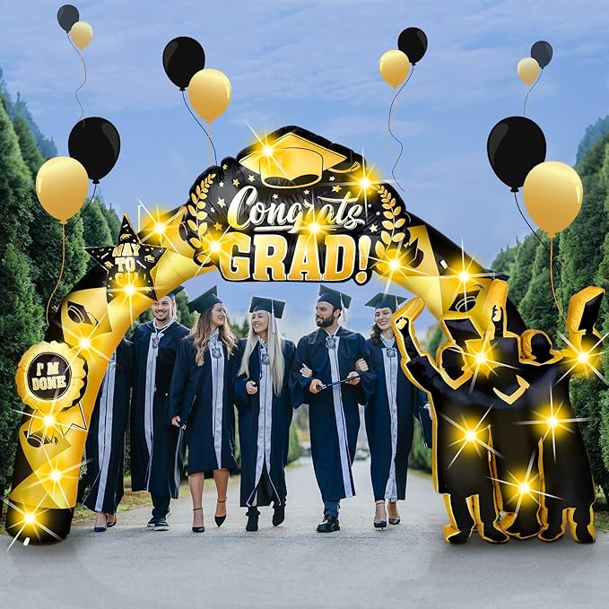 Vihose 7 Ft Tall Graduation Blow Up Arch Decorations Congrats Grad Inflatables Jumbo Black Gold Decorations Cap Gown Diploma LED Lights for Preschool High School College Prom Party Decor
