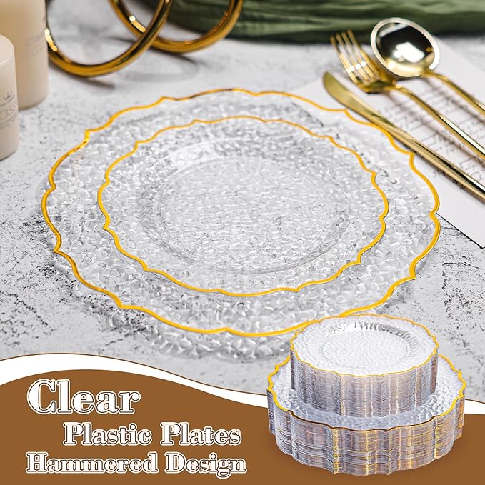 100 PCS Clear Stone Texture Plastic Plates with Gold Rim, Heavy-duty Clear Disposable Plates, Include 10" Dinner Plate and 7" Salad Plate for Party and Wedding