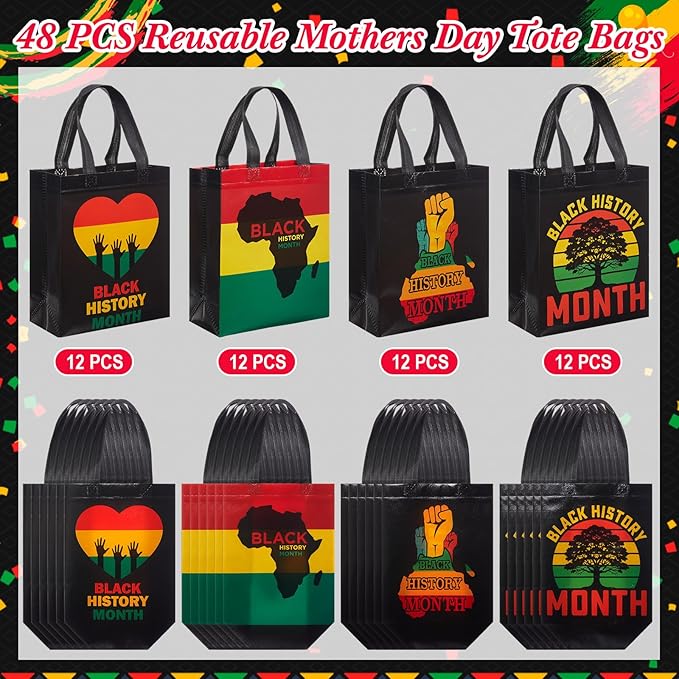Wesnoy 48 Pcs Black History Month Gift Bags: Reusable Non-Woven Goodie Bags Bulk with Handles - 9.84 x 7.87 Inch Treat Totes for Black History Celebration African BHM MLK Party Decor Supplies