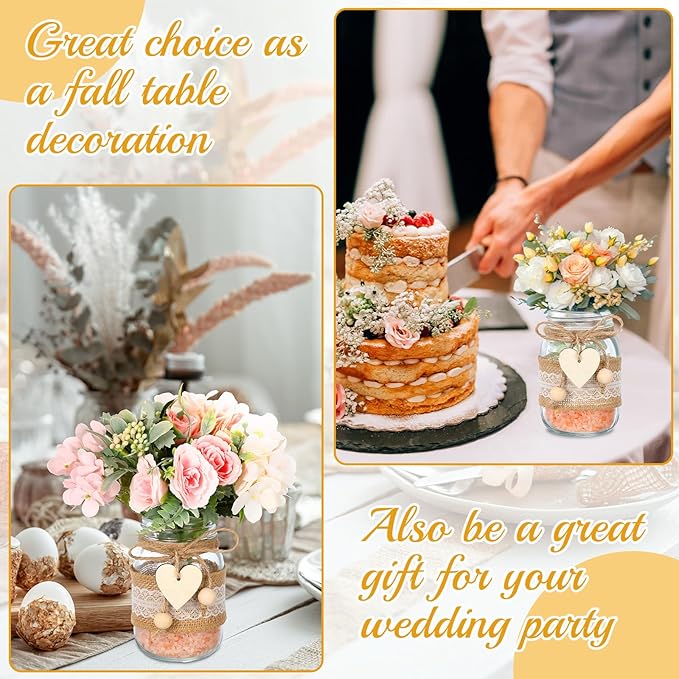 Mumufy 12 Sets Mason Jar Table Centerpiece with Lace Sleeves and Heart Shaped Hemp Rope Rustic Mason Jar Vases Reception Engagement Party Bridal Shower Centerpieces Wedding Table Decorations