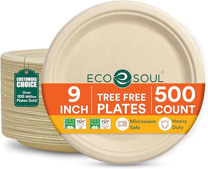 ECO SOUL 9 Inch Compostable Disposable Paper Plates [500 Pack] Food Safe 100% Virgin Bagasse Pulp Heavy Duty Biodegradable Microwave Safe Large Round Dinner Plate for Party, Picnic & BBQ (Brown)
