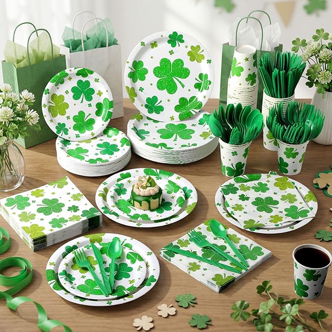 Pickmesh 400 Pcs St. Patrick's Day Party Plates and Napkin Decoration Lucky Shamrock Tableware Cups Knives for Wedding Green Shamrock Themed Irish Festival Party Supplies Serve 50