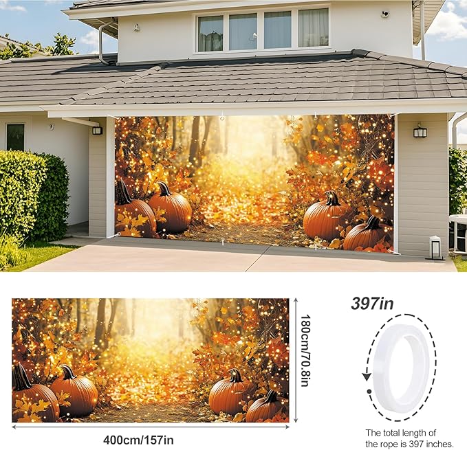 ANNA QUEEN Autumn Glow Pumpkin Garage Door Banner 6 x 13FT, Fall Forest Path with Lights for Spring Easter Parties Christian Home Decor, Outdoor Garage Decoration for Halloween Parties Home Decor