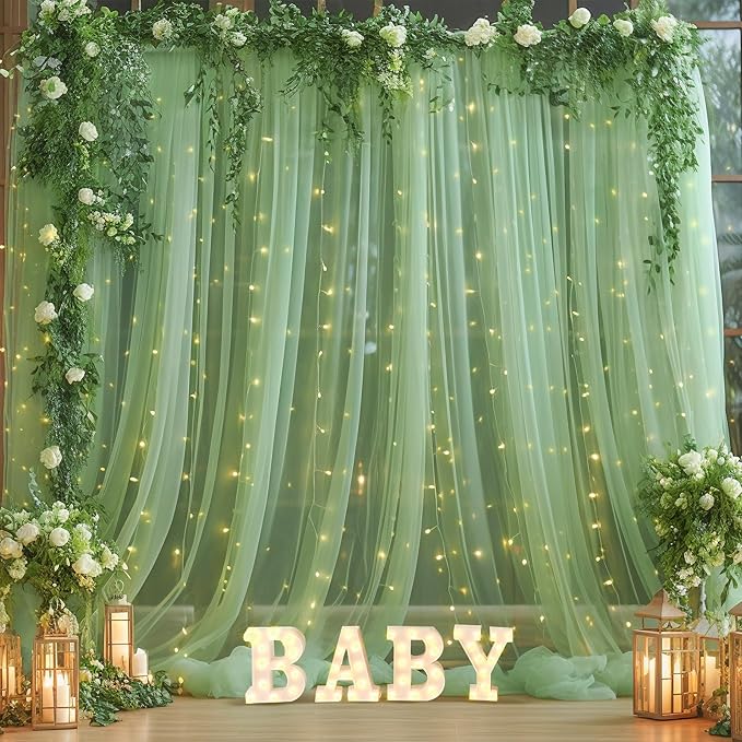 30ft x 10ft Green Backdrop Curtain with Lights String for Parties, Sheer Tulle Wedding Photo Backdrops Drapes for Baby Shower Birthday Party Decorations Background for Photography