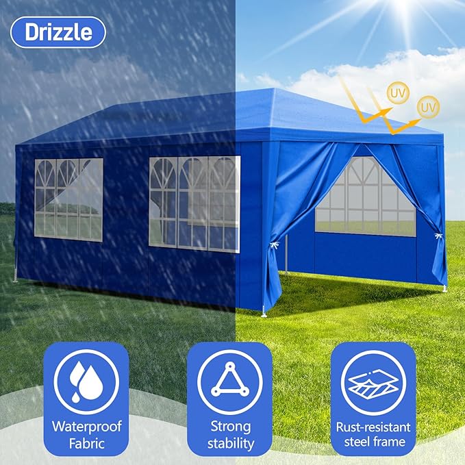 Party Tent for Outdoor Wedding, Birthday, Event, Patio Gazebo, Carport Canopy Shade With Removable Sidewalls & Transparent Window (10'x20'/6 Sidewalls Blue)