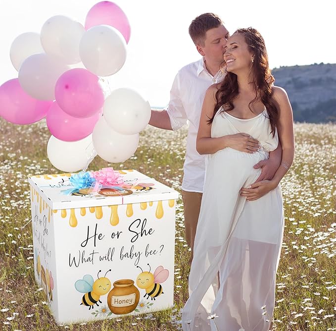 AmazingSpark 28in Jumbo Gender Reveal Gift Box Kit with Oversized Box Giant Pull Bows for Gender Reveal Baby Shower Birthday Party Decor(What Will Baby Bee)