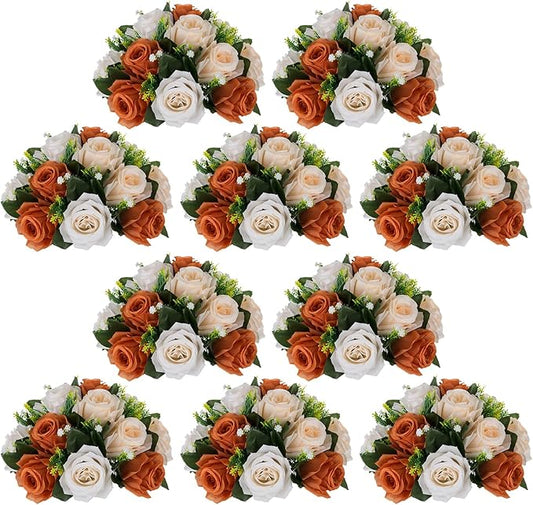 NUPTIO Terracotta Flower Ball Centerpieces: 10 Pcs Artificial Rose Kissing Balls for Wedding Party Tables - Faux Silk Floral Arrangements for Fall Home Thanksgiving Event Dining Decorations