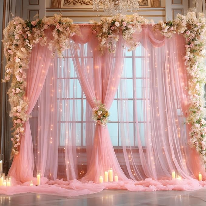 20x8ft Dusty Rose Tulle Backdrop Curtain with Lights String for Parites, Sheer Photo Backdrop Curtains with Lights for Wedding Backdrop Ceremony Reception Bridal Shower Baby Shower Birthday Party