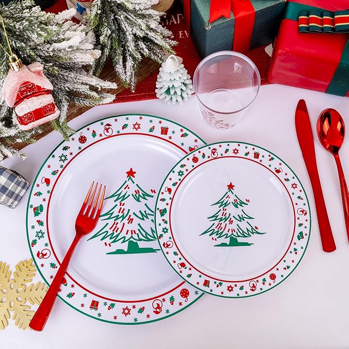 LIYH 150 Pcs Plastic Christmas Plates Disposable Christmas Dinnerware Set, Red Plastic Silverware,Cups Perfect 25 Guests