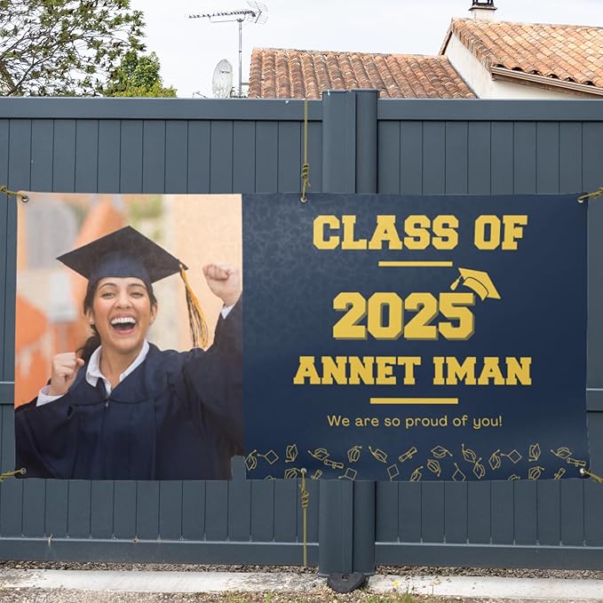 Personalized graduation vinyl banner. Customizable colors. Custom photo. Good for indoor and outdoor graduation parties and ceremonies.