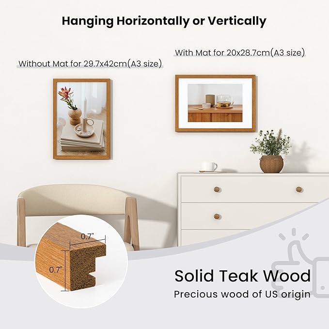 Axeman A3 Picture frame with mat for A4, Tempered Glass and Hanging Hardware Included Natural Teak Home Decor Art Hanging Poster Frame, Natural Teak
