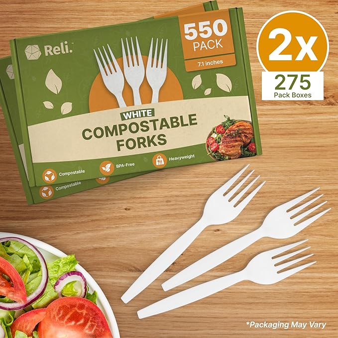 Reli. Compostable Forks (550 Pack) | Disposable Utensils Heavy Duty Forks | Compostable Utensils, Cutlery for Party, Events, Party Supplies | BPA Free, Cornstarch, Composting Flatware (White)