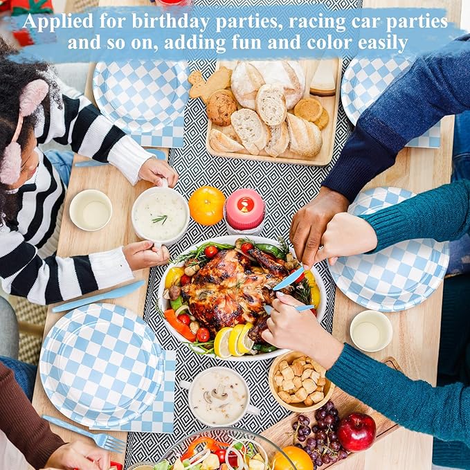 Pickmesh 400 Pcs Blue and White Checkered Party Decorations Set Light Blue Gingham Disposable Paper Plates Napkins Cups Cutlery Plaid Party Decorations for Baby Shower Wedding Birthday Serve 50