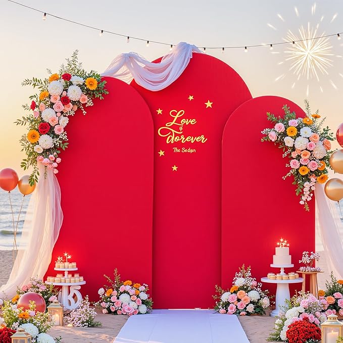 Red Arch Backdrop Cover Set of 3 - Spandex Arch Covers 7.2FT 6.6FT 6FT Stretchy Fabric Backdrop for Wedding Ceremony, Bridal Baby Shower, Birthday Party, Photo Booth Background Decor