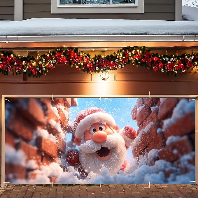Santa Claus Christmas Garage Door Banner 7x16FT, Holiday Decoration for Garage Doors, Outdoor Xmas Scene with Santa and Snowfall, Large Garage Cover for Christmas