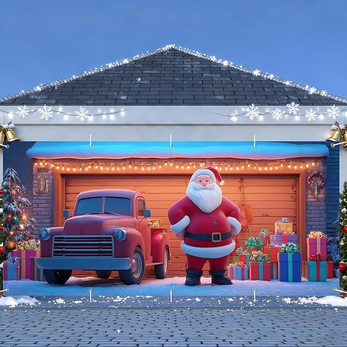 Santa and Truck Christmas Garage Door Banner 7x16FT, Holiday Scene with Santa, Gifts, and Vintage Truck, Large Outdoor Xmas Decoration for Garage Doors