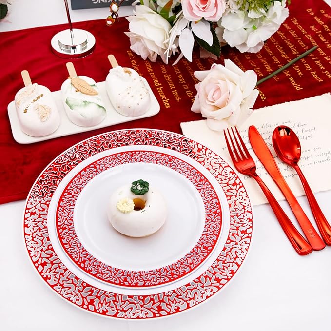 U-QE 150PCS Red Plastic Plates with Red Plastic Silverware, Red Disposable Plates Include 30 Dinner Plates 10.25", 30 Salad Plates 7.5",30 Forks,30 Knives,30 Spoons Perfect for Valentine's Day