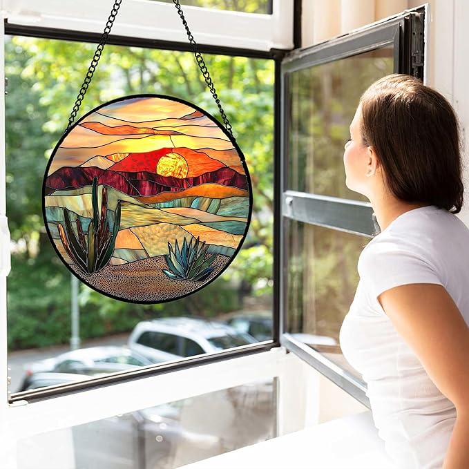 Stained Glass Window Hanging, Golden Landscape Dusk Sunset Suncatcher for Doors Window Home Cactus Sun Catchers Decoration Mother's Day Birthday Gifts for Women, Men, and Mom 9.8 in