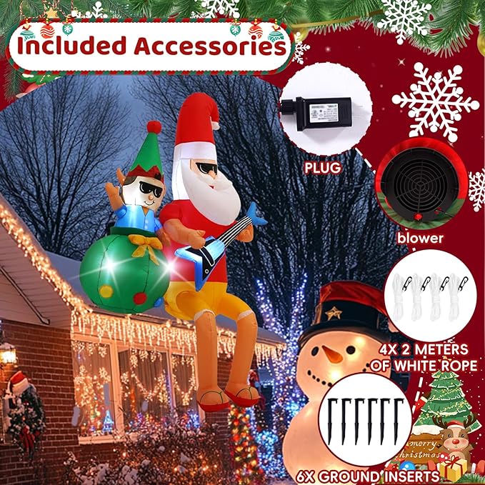 8 FT Guitar-Playing Santa Outdoor Inflatable with LED Lights for Christmas Holiday Party Decoration, Winter Garden Decoration