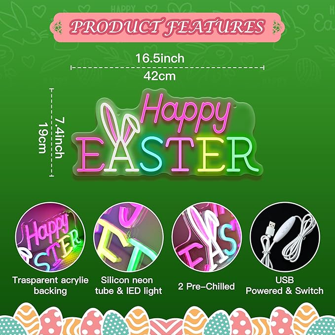 Happy Easter Neon Sign, Dimmable Led Sign Bunny Wall Decor, Easter Decorations for Home Window Living Room Party Spring Décor
