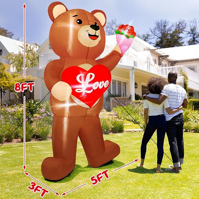 8 FT Valentines Day Inflatables Outdoor, Blow Up Bear Holding Love Heart and and Flowers, Romantic LED Lighted Valentine's Day Inflatables Decorations for Anniversary Wedding Proposal Party Lawn