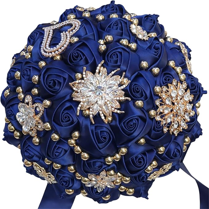 Bridal Wedding Bouquet for Bride Bridesmaid Wedding Quinceanera Throw Toss Artificial Rose Flower Bunch with Bling Brooch (07G#Navy, Large (Dia. 9.8"/24cm))