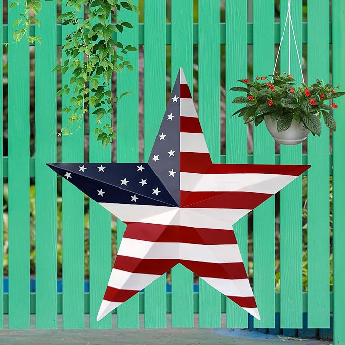 JoyEvy 23.4“ Patriotic Metal Barn Star Wall Decor, American Flag Stars for House Ornaments, Indoor Outdoor Wall Hanging Primitive Decor Star for 4th of July Decoration