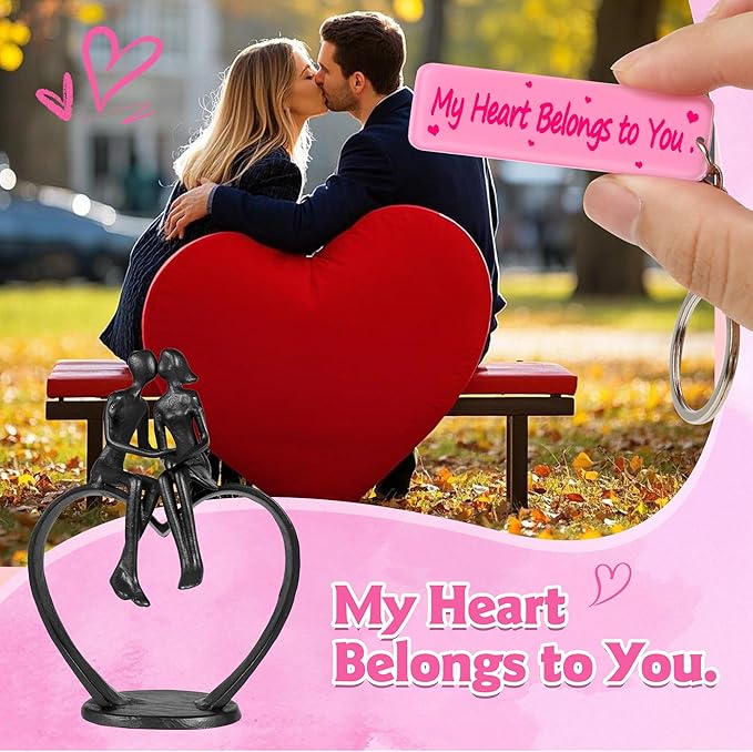 Gifts for Wife, Kissing Couple & Loving Heart Statue Cast Iron Sculpture Decor, Wedding Anniversary Birthday Gifts for Wife Women Girlfriend Her, Valentines Gift for Her