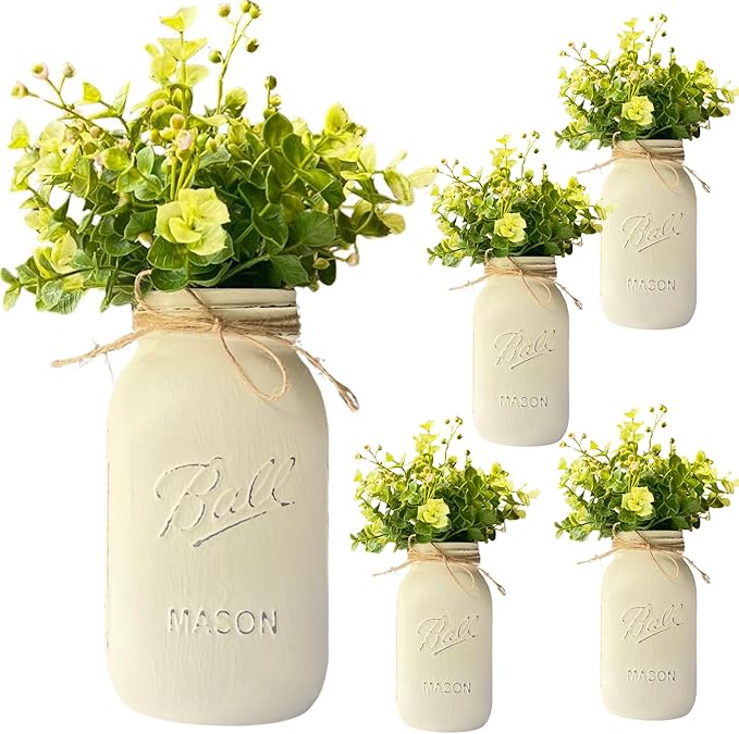 Centerpieces for Bridal Shower - Ivory Mason Jars Centerpieces for Tables, Set of 5-32 oz Hand-Painted Mason Jars for Wedding Centerpieces - Rustic Bridal Shower Centerpieces (5 Ivory w/Greenery)