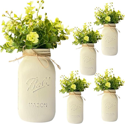 Centerpieces for Bridal Shower - Ivory Mason Jars Centerpieces for Tables, Set of 5-32 oz Hand-Painted Mason Jars for Wedding Centerpieces - Rustic Bridal Shower Centerpieces (5 Ivory w/Greenery)