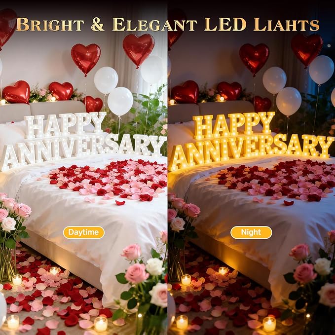 Happy Anniversary Decorations, Light up Letters Sign, with Rose Petals, Round Pearlescent Balloon, Aluminum Balloons, Light LED Neon, Table Decor for Valentine's Day Wedding Romantic Party