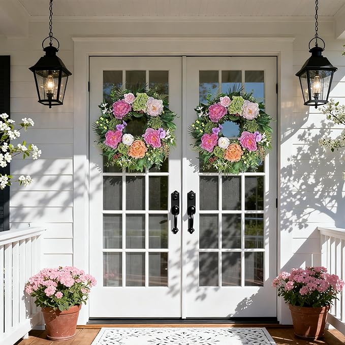 24 Inch Spring Wreath for Front Door with Peony Hydrangea Silk Flowers with Berry Greenery for All Seasons Porch Wedding Wall Farmhouse Porch Wall Living Room Home Widding Decor
