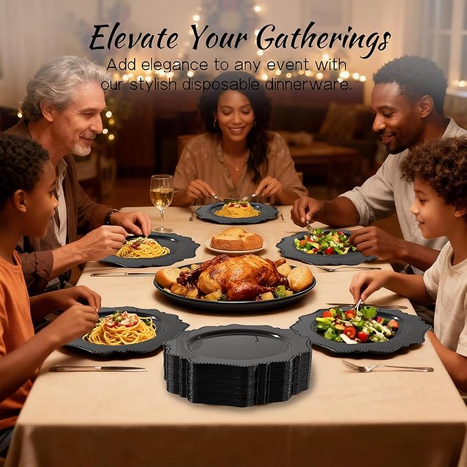 COLOSUS 100pcs Black Plastic Party Dinner Plates - 9.5 Inch- Heavy Duty Disposable Plastic Dinner Plates for Party Wedding and Everyday Use