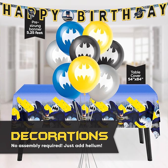 Batman Birthday Decorations and Party Supplies | Serves 16 Guests | Balloons, Banner, Table Cover, Masks, Plates, Cake Plates, Napkins, Cups, Button | Officially Licensed
