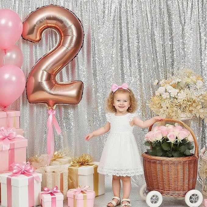 Silver Sequin Backdrop Curtain - 4PCS (2FTx8FT) Glitter Photo Background for Wedding, Christmas, Party, Baby Shower & Stage Decorations (Silver, 2x8ft 4 Panels)