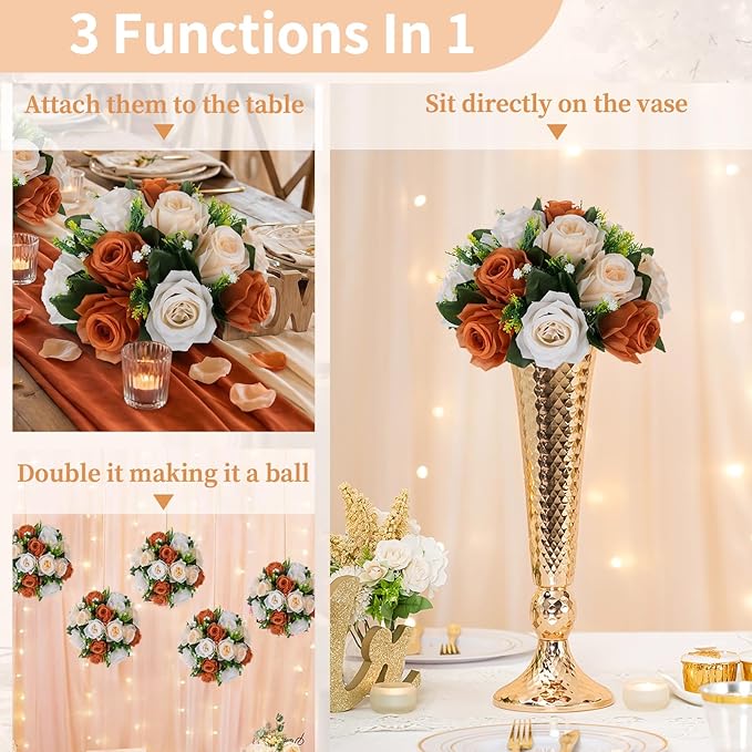 NUPTIO Terracotta Flower Ball Centerpieces: 6 Pcs Artificial Rose Kissing Balls for Wedding Party Tables - Faux Silk Floral Arrangements for Fall Home Thanksgiving Event Dining Decorations