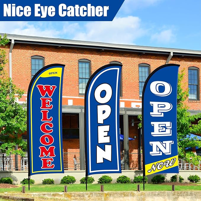 Buryeah 3 Sets Now Open Feather Flag Banner for Business Advertising 7 Feet Tall Grand Opening Feather Flag Sign with Fiberglass Pole Kit Rotating Ground Spike and Portable Bag (Blue)