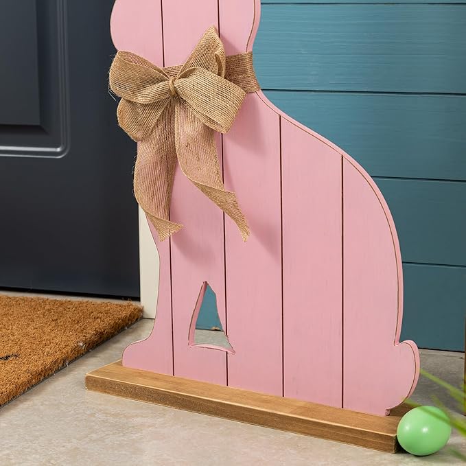 Glitzhome 24"H Easter Wooden Pink Bunny Porch Decor,Standing Porch Sign Decoration for Front Door Outdoor Spring Rustic Yard Party Garden Decor