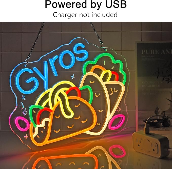 Gyros Neon Sign, Neon Lights Hanging Wall Art Decoration for Greek Restaurant Gyro Shop Deli Food Market Kitchen Home Decor, USB Powered, Ultra Bright & Dimmable, 15.35×11.8 Inches