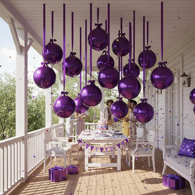 Jenaai 30 Set Round Foil Balloons Bulk 22 Inch 4d Metallic Giant Balloons Set with Satin Bows Ribbon for Ceiling Holiday Ornaments New Year Birthday Wedding Party Decoration(Purple)