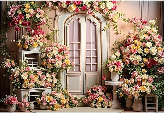 12x8ft Pink Flowers Wedding Backdrop Elegant Rose Blossom Floral Plant Woman Bride Party Girls Photography Background Bridal Shower Photo Studio Shoot