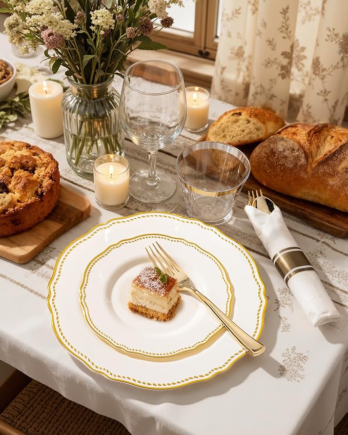 Hioasis 350pcs Ivory Gold Plastic Plates - Gold Plastic Dinnerware Set Includes 50 Dinner Plates, 50 Dessert Dinnerware, 50 Cups, 50 Napkins Perfect for Wedding & Party
