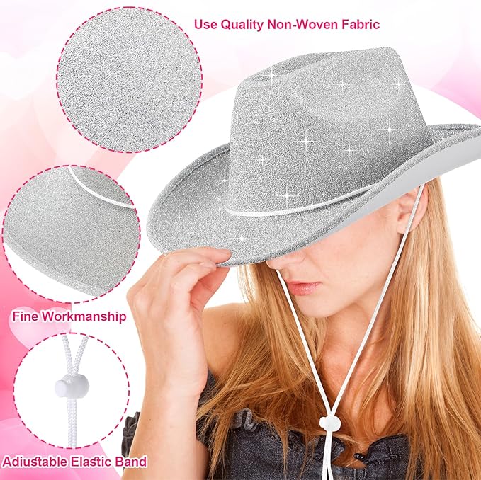 Coume 12 Pcs Sparkly Adults Cowboy Hat and Bandanas Women Men Western Glitter Cowgirl Party Hats with Adjustable Drawstring