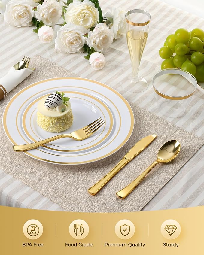 Goodluck 320PCS Gold Disposable Plastic Dinnerware Set for 40 Guests, Include 40 Dinner Plates, 40 Dessert Plates, 40 Napkins with Silverware, 40 Cups, 40 Champagne Glasses, for Christmas, Wedding