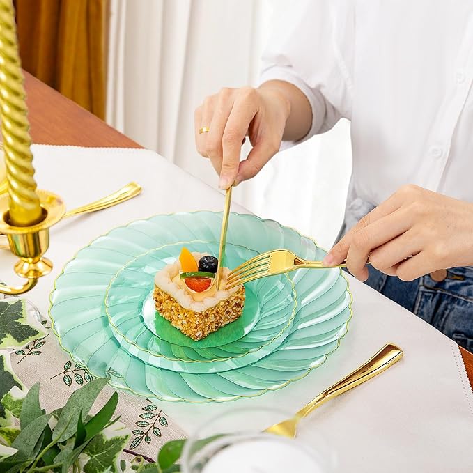 YOUBET 125PCS Clear Green Plastic Plates with Gold Rim - Green and Gold Plastic Plates Include 25 Dinner Plate 25 Dessert Plate 75 Disposable Silverwares for Wedding & Party