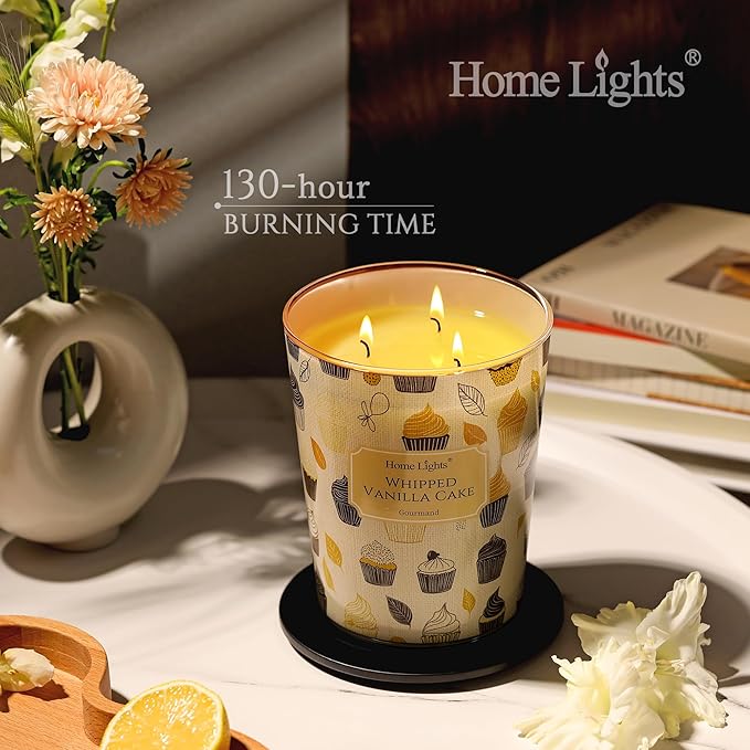 HomeLights Scented Candles | Large Jar 34 Oz Natural Soy Candle | 130 hrs Long-Lasting with 3 Wicks | Rustic Modern for Home Decor | Gifts for Mom & Women, Whipped Vanilla Cake