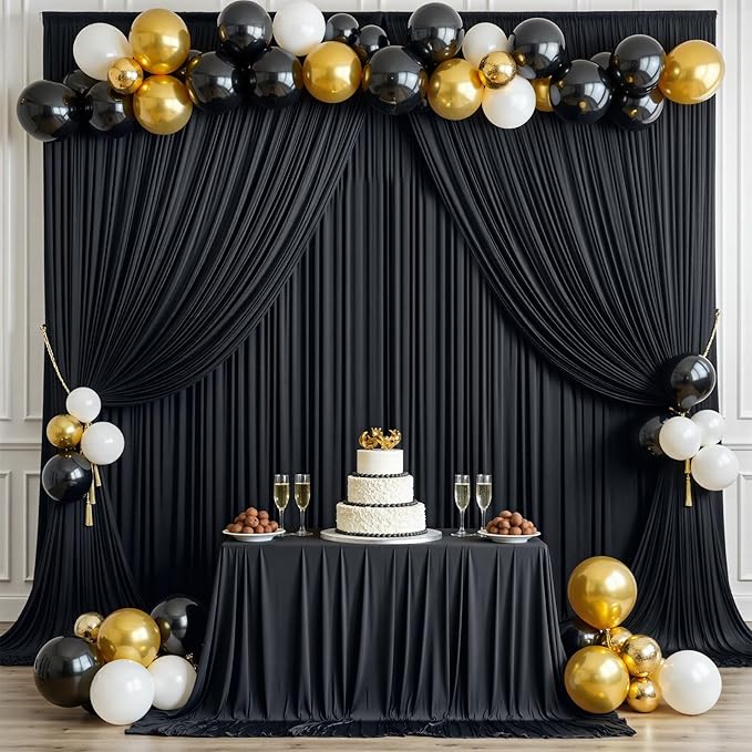 gogoparti 20x12ft Black Backdrop Curtain for Wedding Parties, 4 Panels (5x12 ft Each) Wrinkle-Free Dackdrop Curtains, Silky Draping Fabric for Birthday Party, Baby Shower, Photo Background
